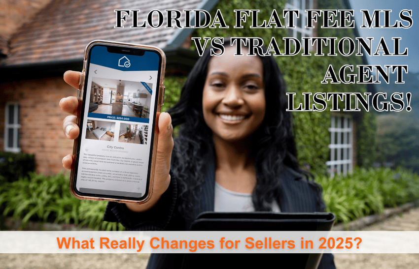 A girl showing Florida flat fee MLS listings on phone and smiling.