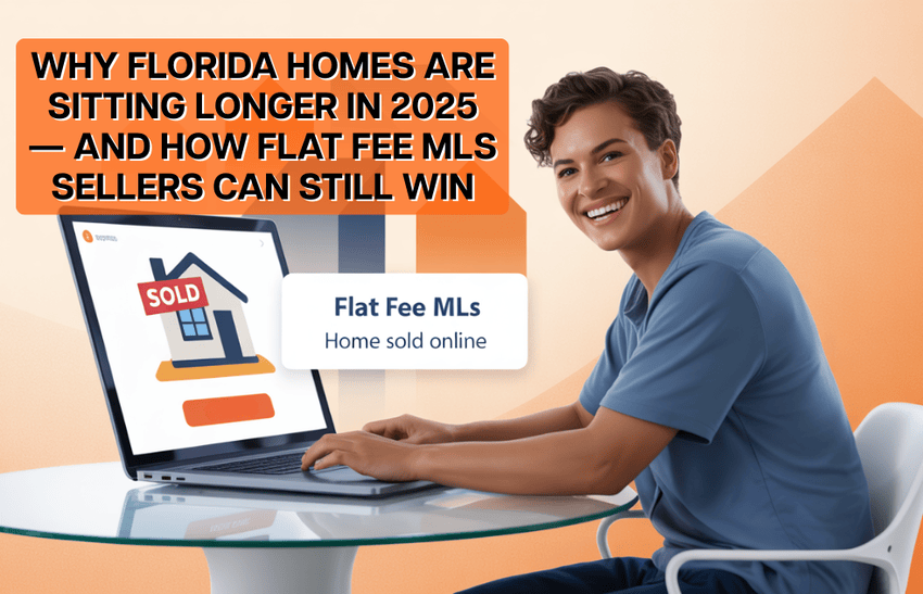 A man happily showing his home being sold on laptop screen. He sold through the flat fee MLS Florida.