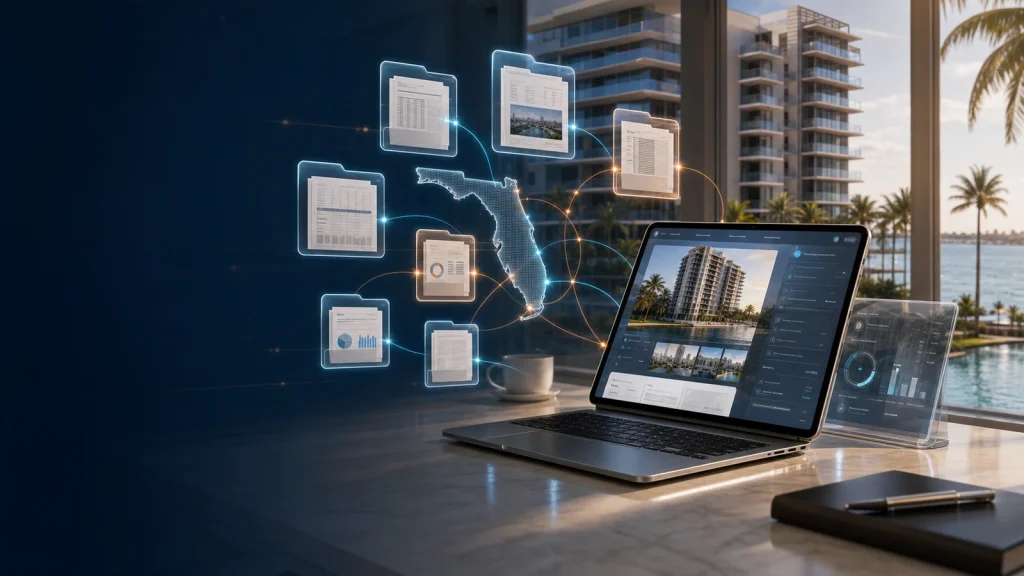 Florida condominium seller document intelligence workspace with a condo tower, Florida map, and organized digital record panels