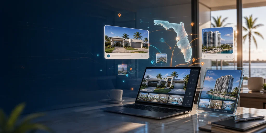 High-tech Florida housing market intelligence workspace with a Florida map, listing screens, and connected data signals