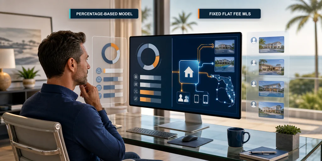 Florida seller comparing a percentage-based real estate model with a fixed flat fee MLS pathway on a technology workspace
