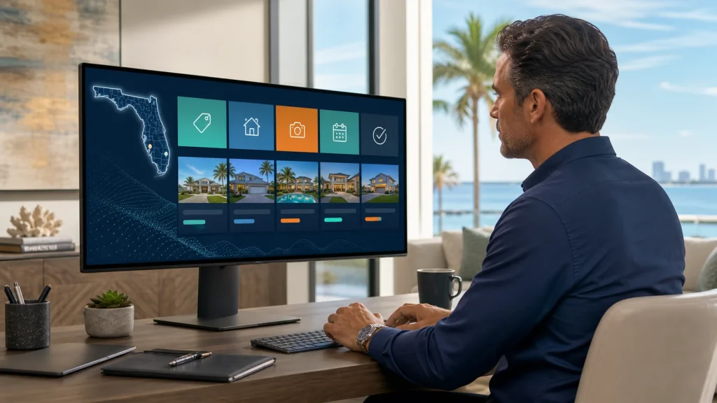 Florida homeowner reviewing price facts photos showing access and status changes in an MLS listing update console